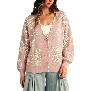 Yeokou Women’s Paisley Sweater Scalloped Trim Button Knit Cardigan Jacket(Pink)