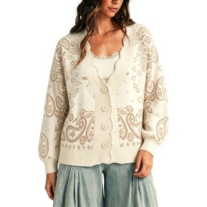 Yeokou Women’s Paisley Sweater Scalloped Trim Button Knit Cardigan Jacket(White)