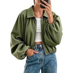 Yeokou Women’s Polka Dot Cropped Zip Up Jacket Bomber Coat Fall Outerwear(Armygreen)