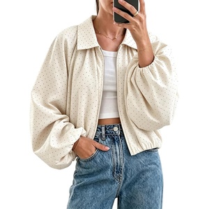 Yeokou Women’s Polka Dot Cropped Zip Up Jacket Bomber Coat Fall Outerwear(Beige)