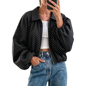 Yeokou Women’s Polka Dot Cropped Zip Up Jacket Bomber Coat Fall Outerwear(Black)