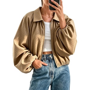 Yeokou Women’s Polka Dot Cropped Zip Up Jacket Bomber Coat Fall Outerwear(Brown)