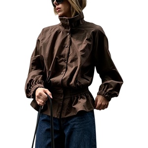 Yeokou Women’s Ruffle Hem Cropped Jacket Stand Collar Button Down Coat(Brown)