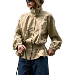 Yeokou Women’s Ruffle Hem Cropped Jacket Stand Collar Button Down Coat(Khaki)