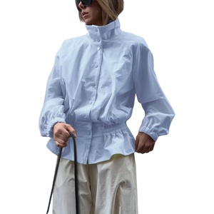 Yeokou Women’s Ruffle Hem Cropped Jacket Stand Collar Button Down Coat(Lightblue)