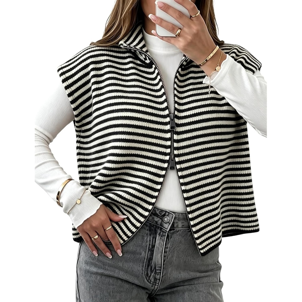 image:imageYeokou Women Striped Knit Vest Zip Up Sleeveless Collared Sweater VestBlack