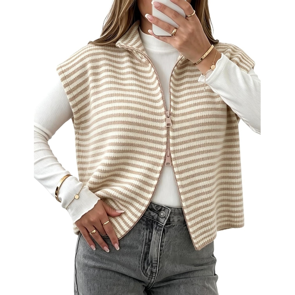 image:imageYeokou Women Striped Knit Vest Zip Up Sleeveless Collared Sweater VestKhaki