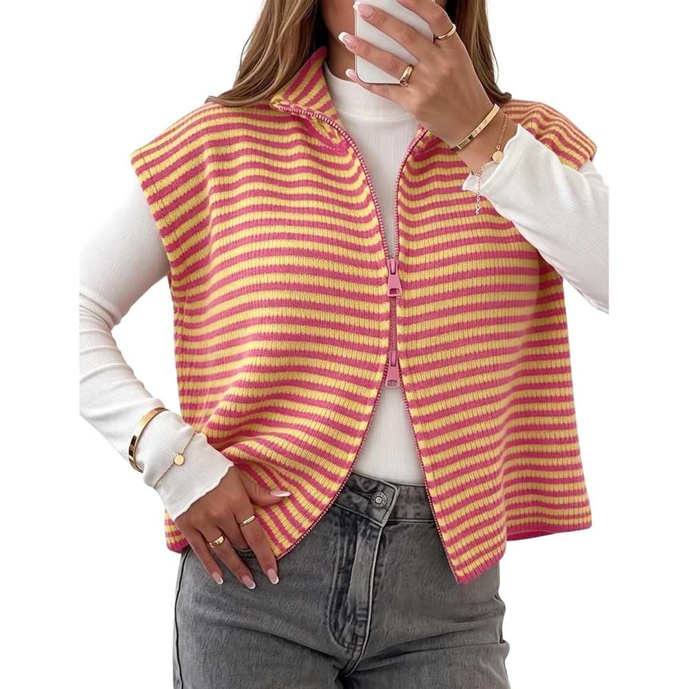 image:imageYeokou Women Striped Knit Vest Zip Up Sleeveless Collared Sweater VestOrange