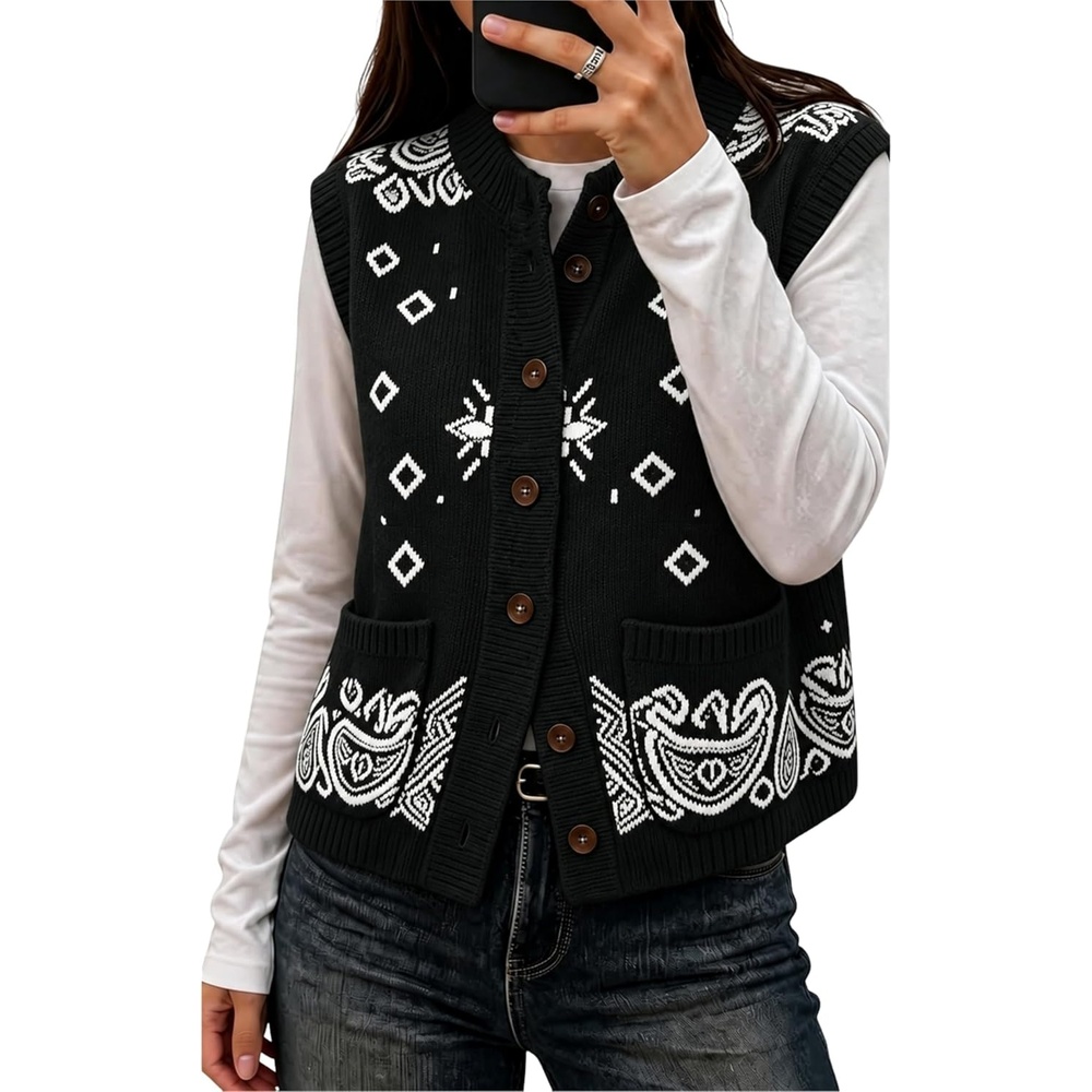 image:imageYeokou Womens Paisley Bandana Print Knit Vest Button Sleeveless CardiganBlack