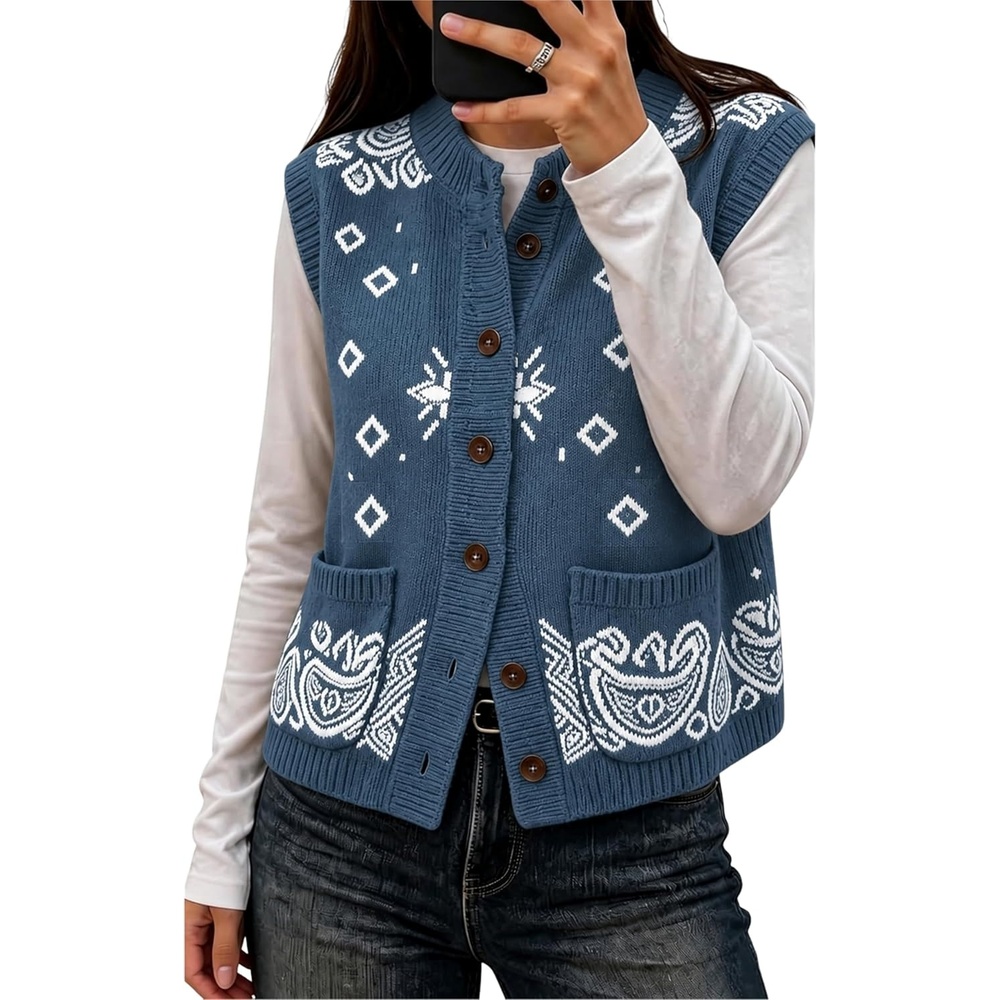 image:imageYeokou Womens Paisley Bandana Print Knit Vest Button Sleeveless CardiganBlue