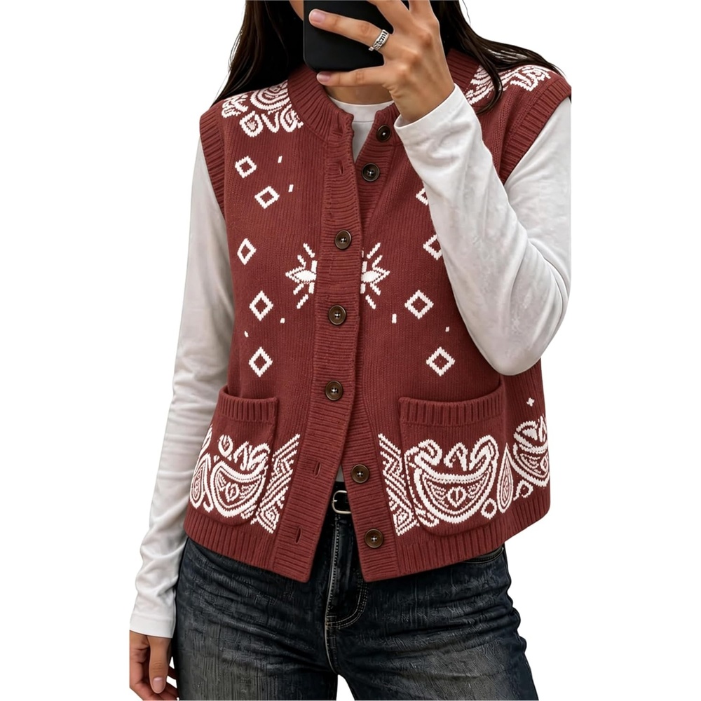 image:imageYeokou Womens Paisley Bandana Print Knit Vest Button Sleeveless CardiganBurgundy