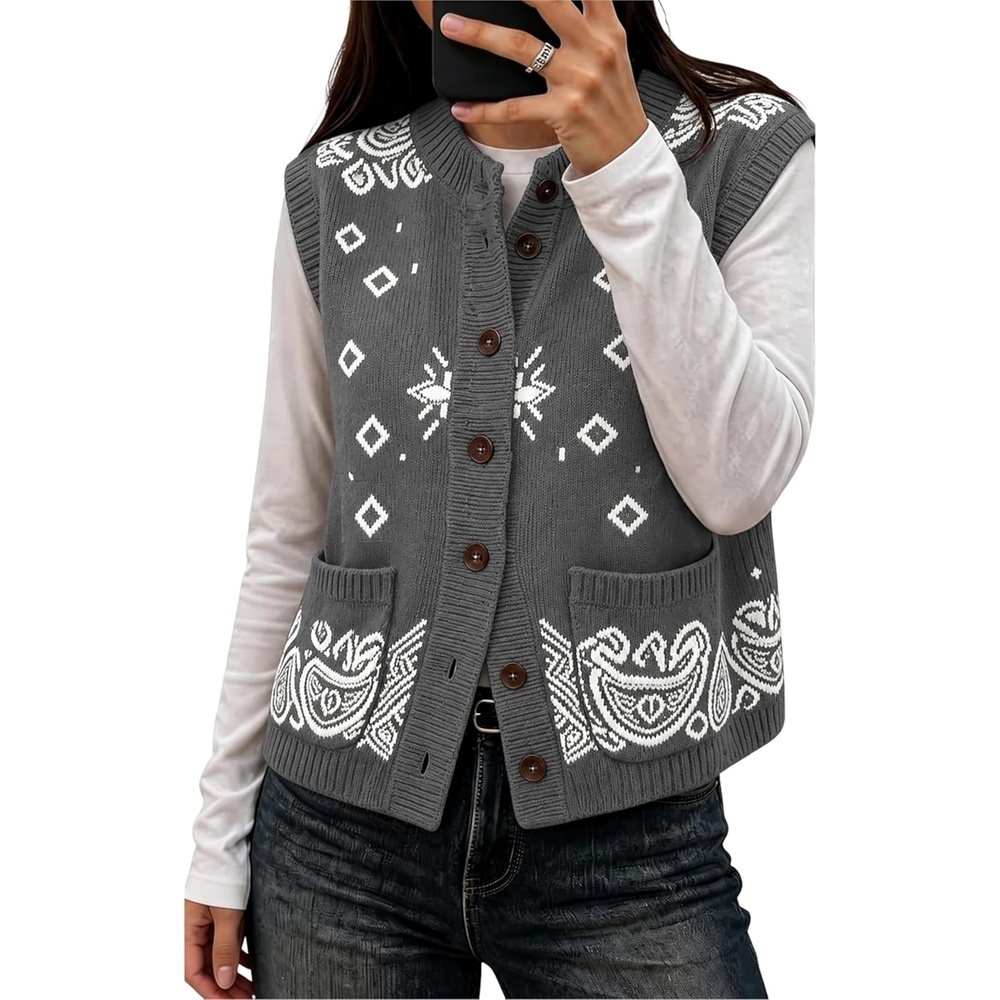 image:imageYeokou Womens Paisley Bandana Print Knit Vest Button Sleeveless CardiganGrey