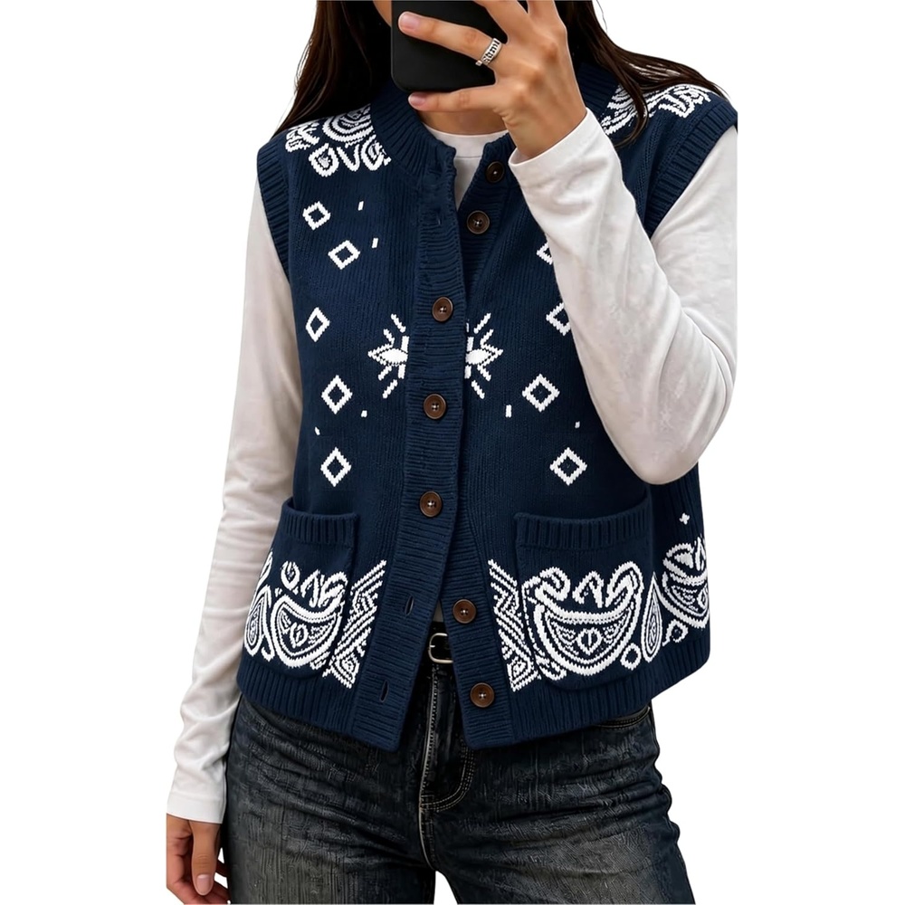 image:imageYeokou Womens Paisley Bandana Print Knit Vest Button Sleeveless CardiganNavy