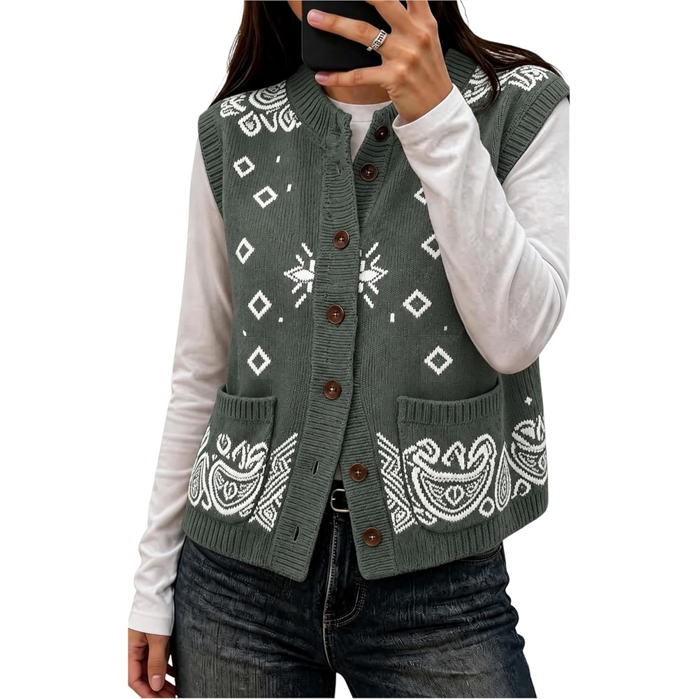 image:imageYeokou Womens Paisley Bandana Print Knit Vest Button Sleeveless CardiganSlategreen