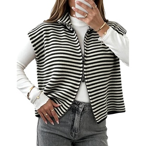 Yeokou Women Striped Knit Vest Zip Up Sleeveless Collared Sweater Vest(Black)