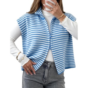 Yeokou Women Striped Knit Vest Zip Up Sleeveless Collared Sweater Vest(Blue)