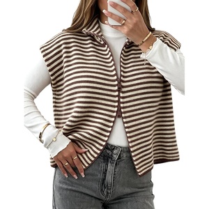 Yeokou Women Striped Knit Vest Zip Up Sleeveless Collared Sweater Vest(Coffee)
