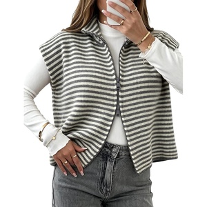Yeokou Women Striped Knit Vest Zip Up Sleeveless Collared Sweater Vest(Grey)