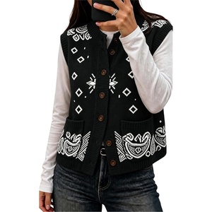 Yeokou Women’s Paisley Bandana Print Knit Vest Button Sleeveless Cardigan(Black)