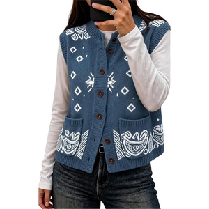 Yeokou Women’s Paisley Bandana Print Knit Vest Button Sleeveless Cardigan(Blue)