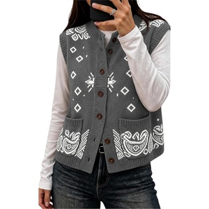 Yeokou Women’s Paisley Bandana Print Knit Vest Button Sleeveless Cardigan(Grey)