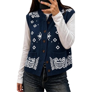 Yeokou Women’s Paisley Bandana Print Knit Vest Button Sleeveless Cardigan(Navy)