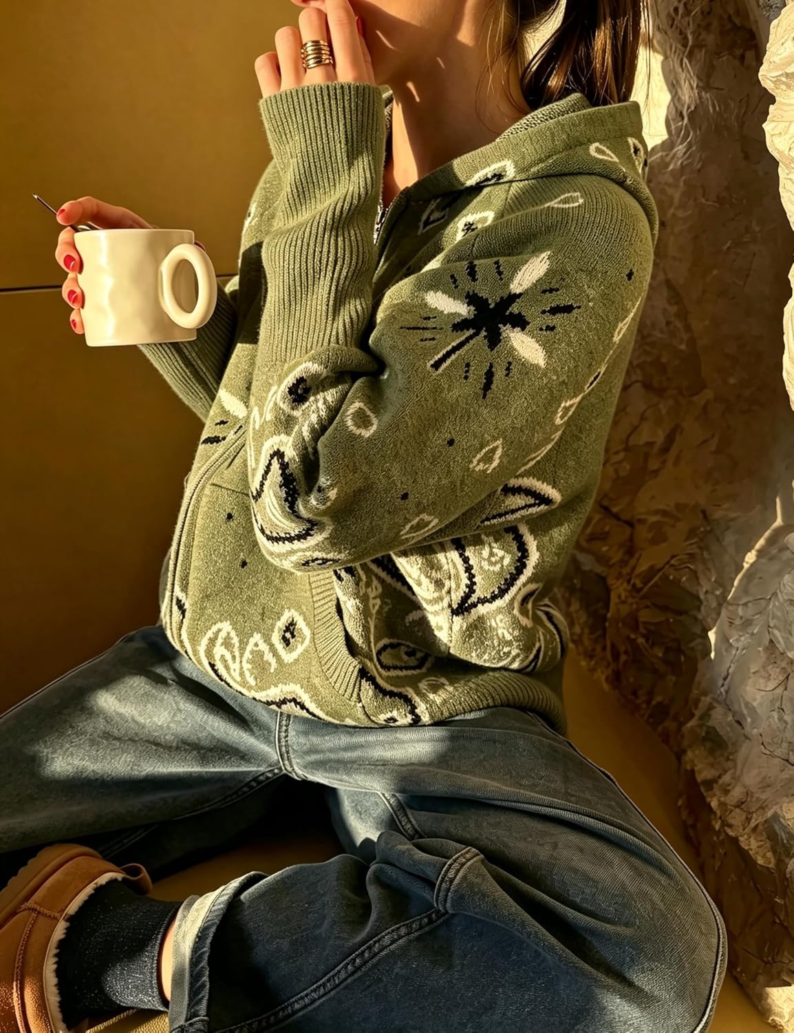 image:imageWomen Bandana Paisley Knit Hooded Jacket Trendy Full Zip SweaterArmygreen