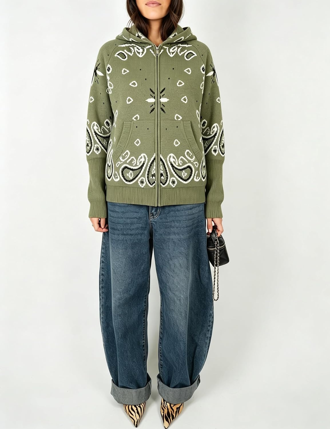 image:imageWomen Bandana Paisley Knit Hooded Jacket Trendy Full Zip SweaterArmygreen
