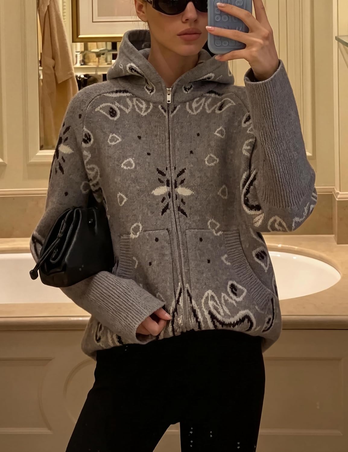 image:imageWomen Bandana Paisley Knit Hooded Jacket Trendy Full Zip SweaterGrey