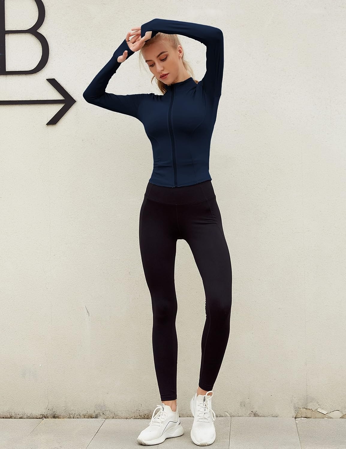 image:imageWomens Active Zip Up Running Workout Cropped Bbl Athletic Jacket with Thumb HolesNavy