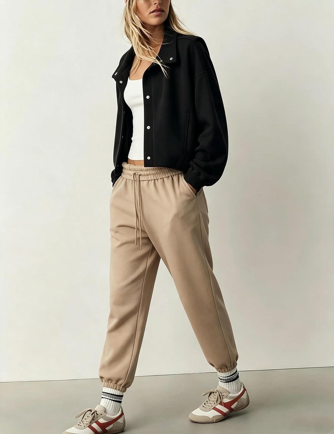 image:imageWomens Bomber Jacket Oversized Windbreaker Funnel Neck Cropped CoatBlack
