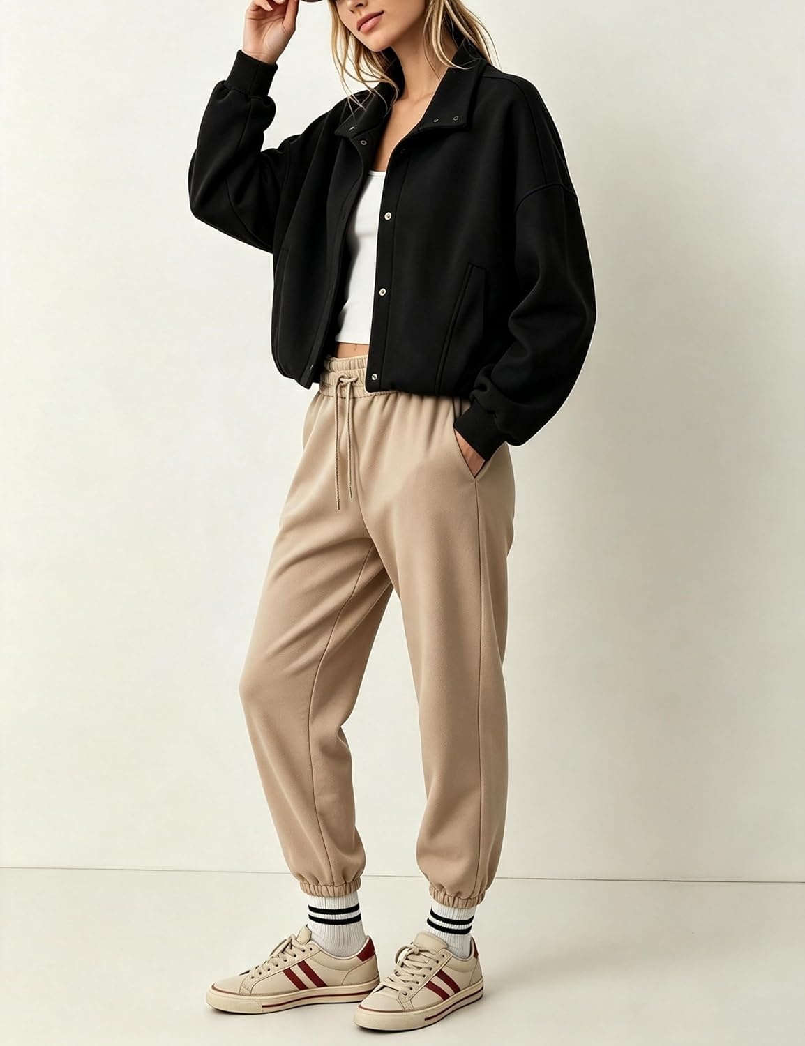 image:imageWomens Bomber Jacket Oversized Windbreaker Funnel Neck Cropped CoatBlack