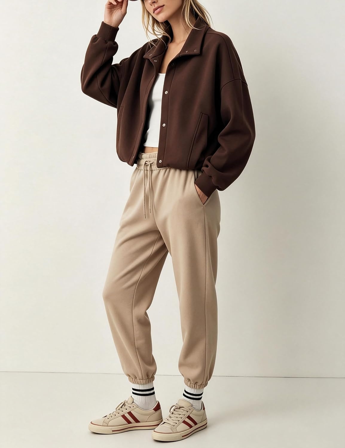 image:imageWomens Bomber Jacket Oversized Windbreaker Funnel Neck Cropped CoatBrown