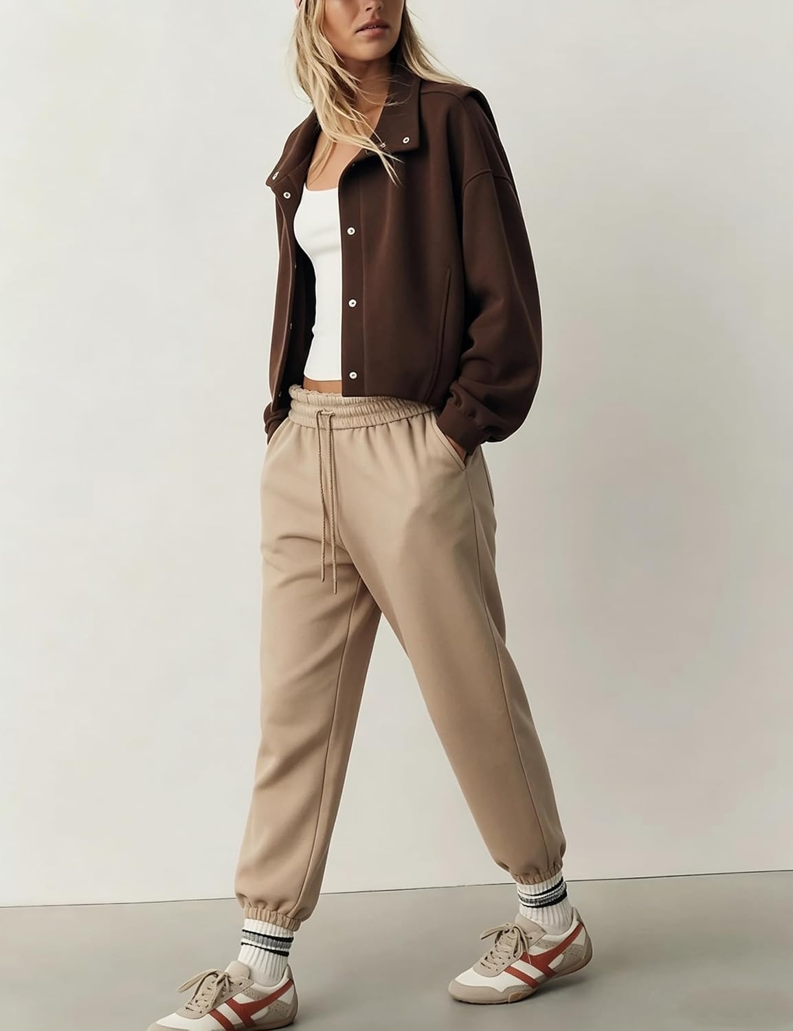 image:imageWomens Bomber Jacket Oversized Windbreaker Funnel Neck Cropped CoatBrown