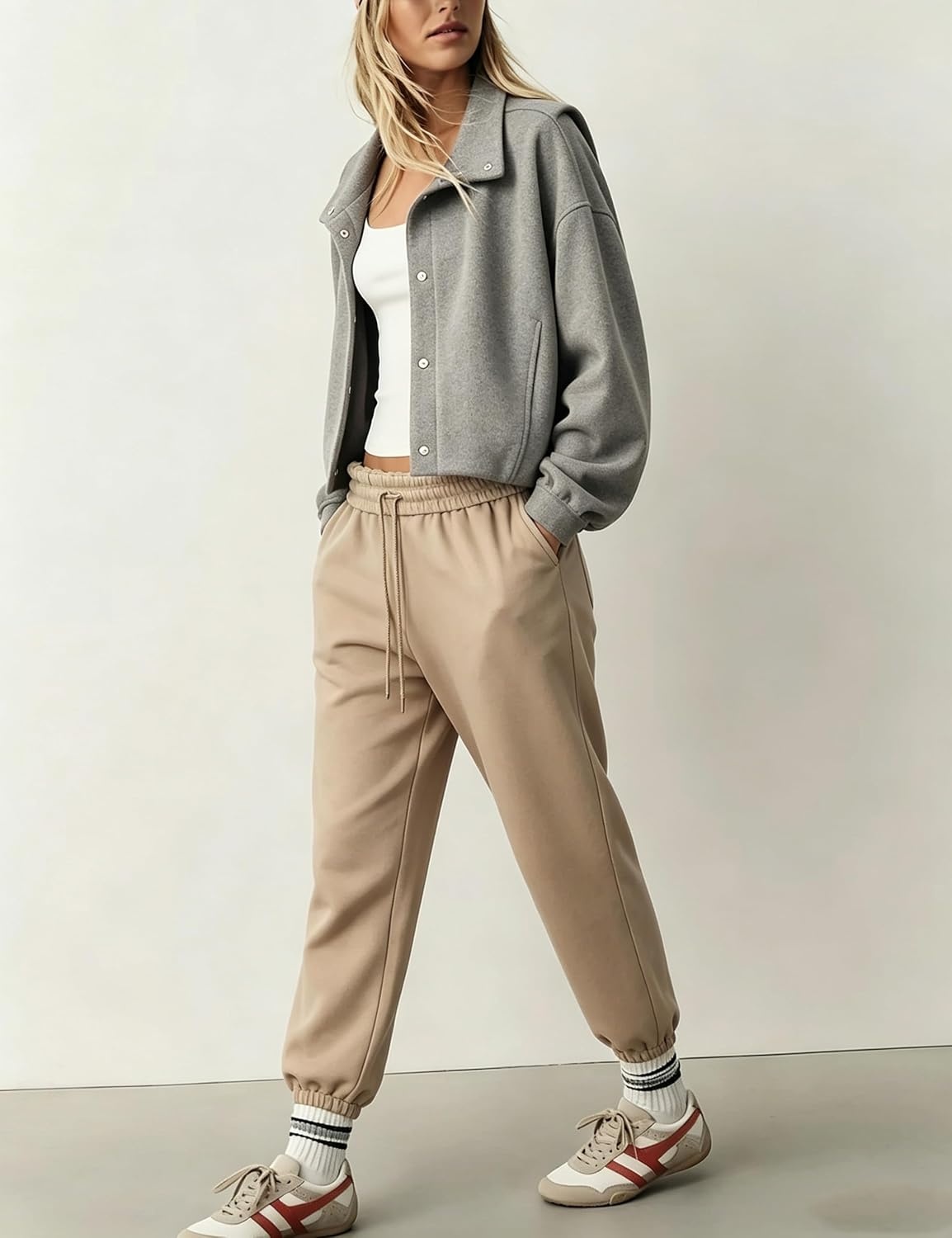image:imageWomens Bomber Jacket Oversized Windbreaker Funnel Neck Cropped CoatGrey