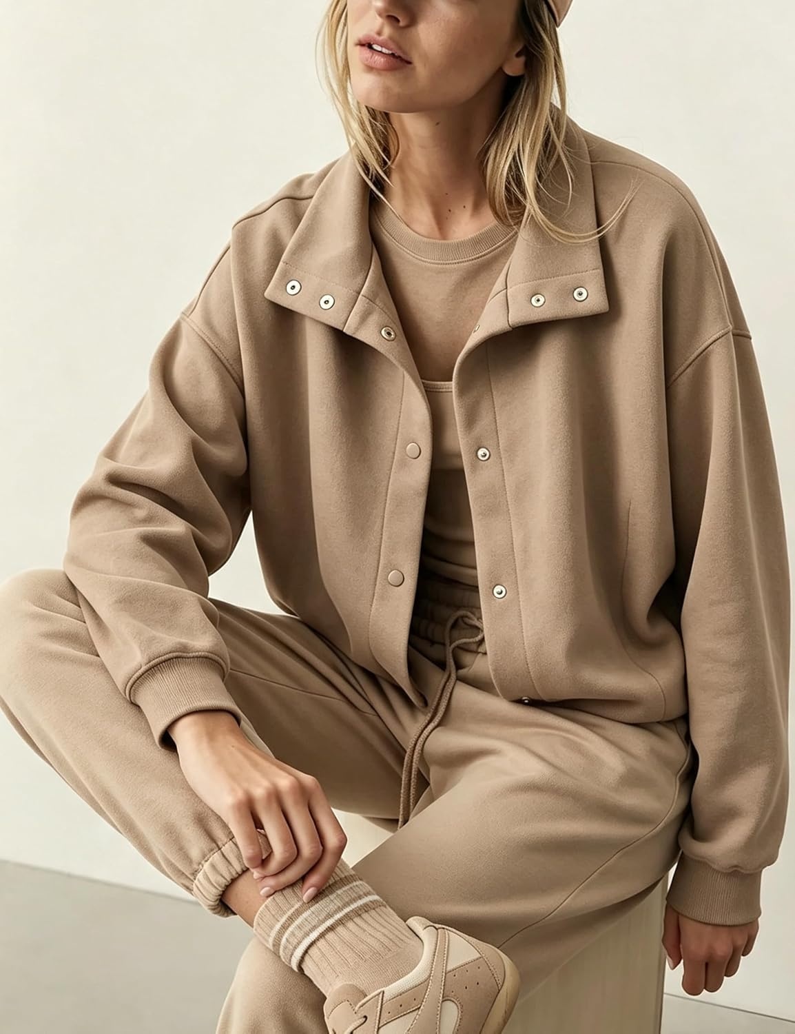 image:imageWomens Bomber Jacket Oversized Windbreaker Funnel Neck Cropped CoatKhaki