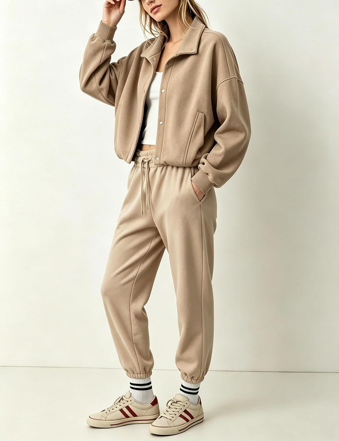 image:imageWomens Bomber Jacket Oversized Windbreaker Funnel Neck Cropped CoatKhaki