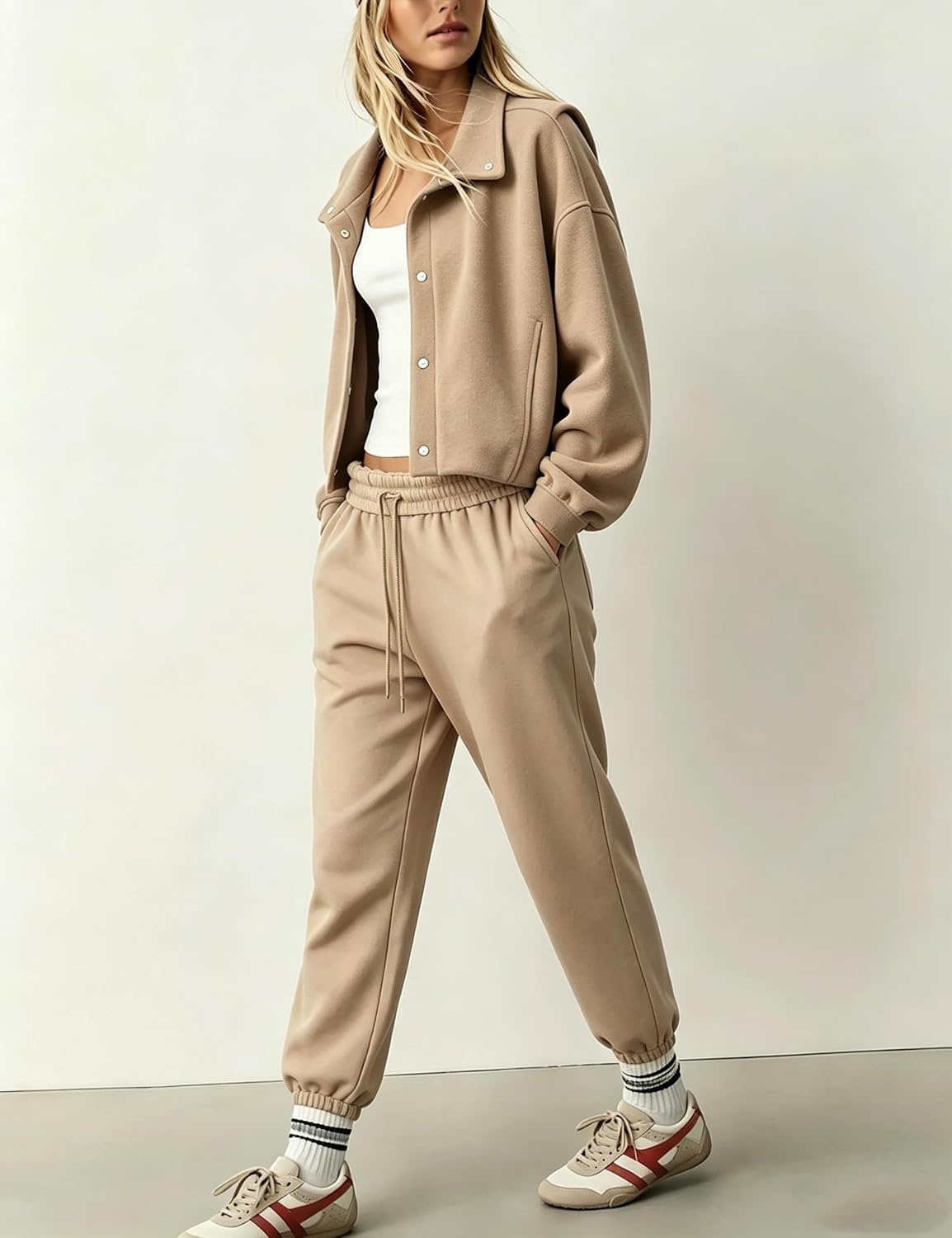 image:imageWomens Bomber Jacket Oversized Windbreaker Funnel Neck Cropped CoatKhaki