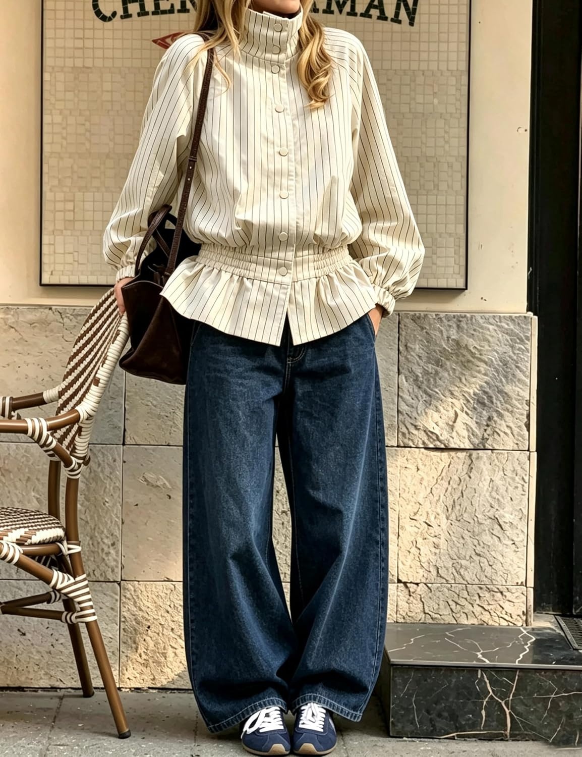 image:imageWomens Casual Striped Jacket Stand Collar Button Down Cropped CoatWhite