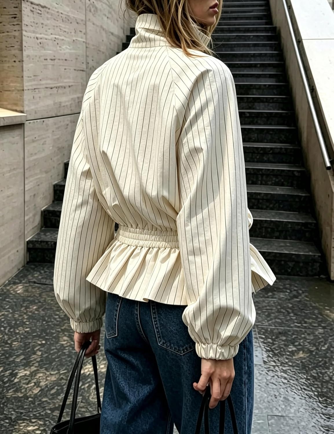 image:imageWomens Casual Striped Jacket Stand Collar Button Down Cropped CoatWhite