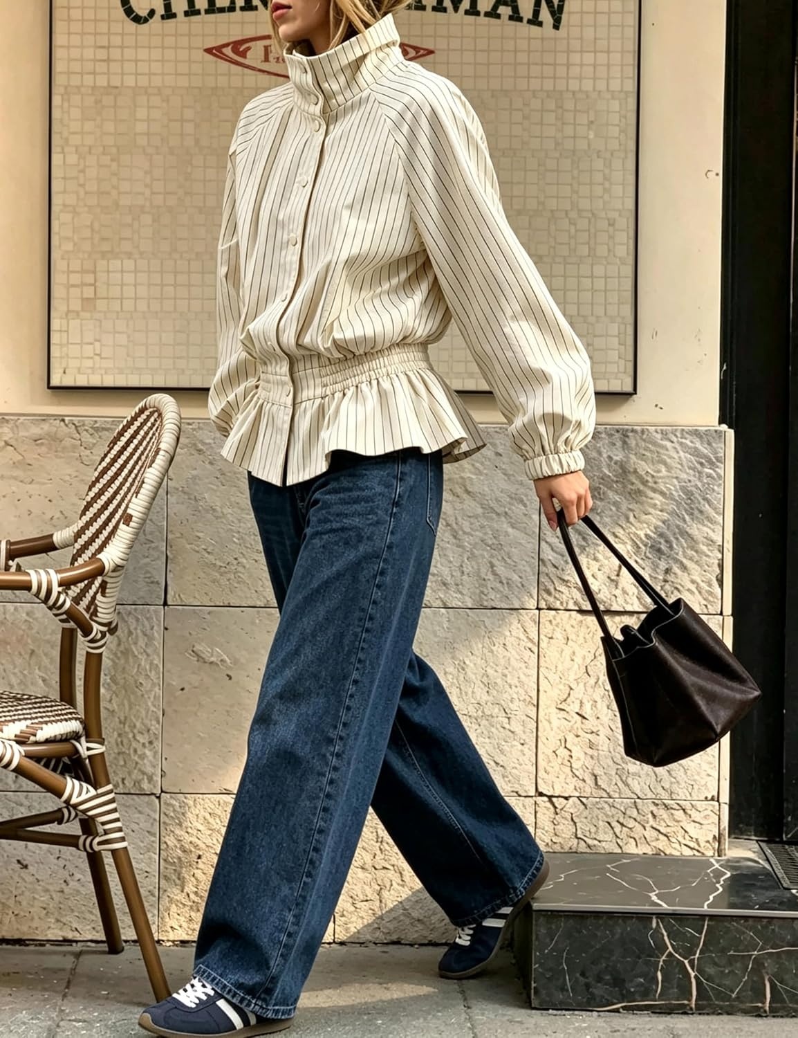 image:imageWomens Casual Striped Jacket Stand Collar Button Down Cropped CoatWhite