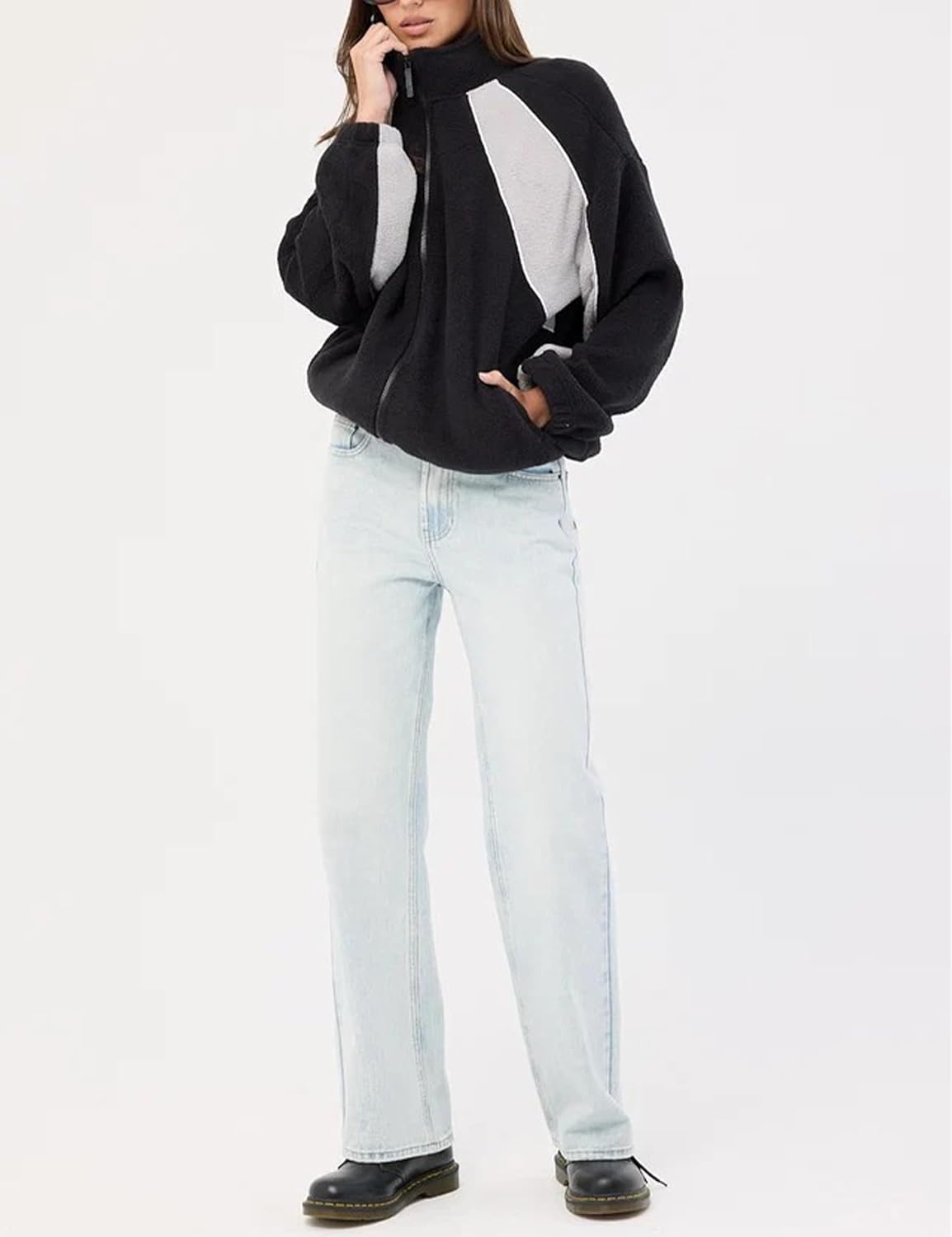 image:imageWomens Color Block Fleece Jacket Stand Collar Zip Up Track CoatBlack