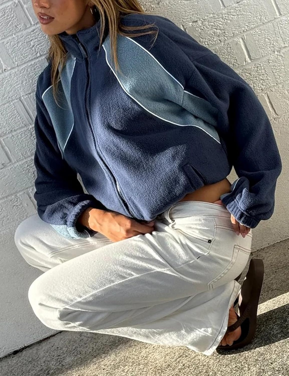 image:imageWomens Color Block Fleece Jacket Stand Collar Zip Up Track CoatDarkblue