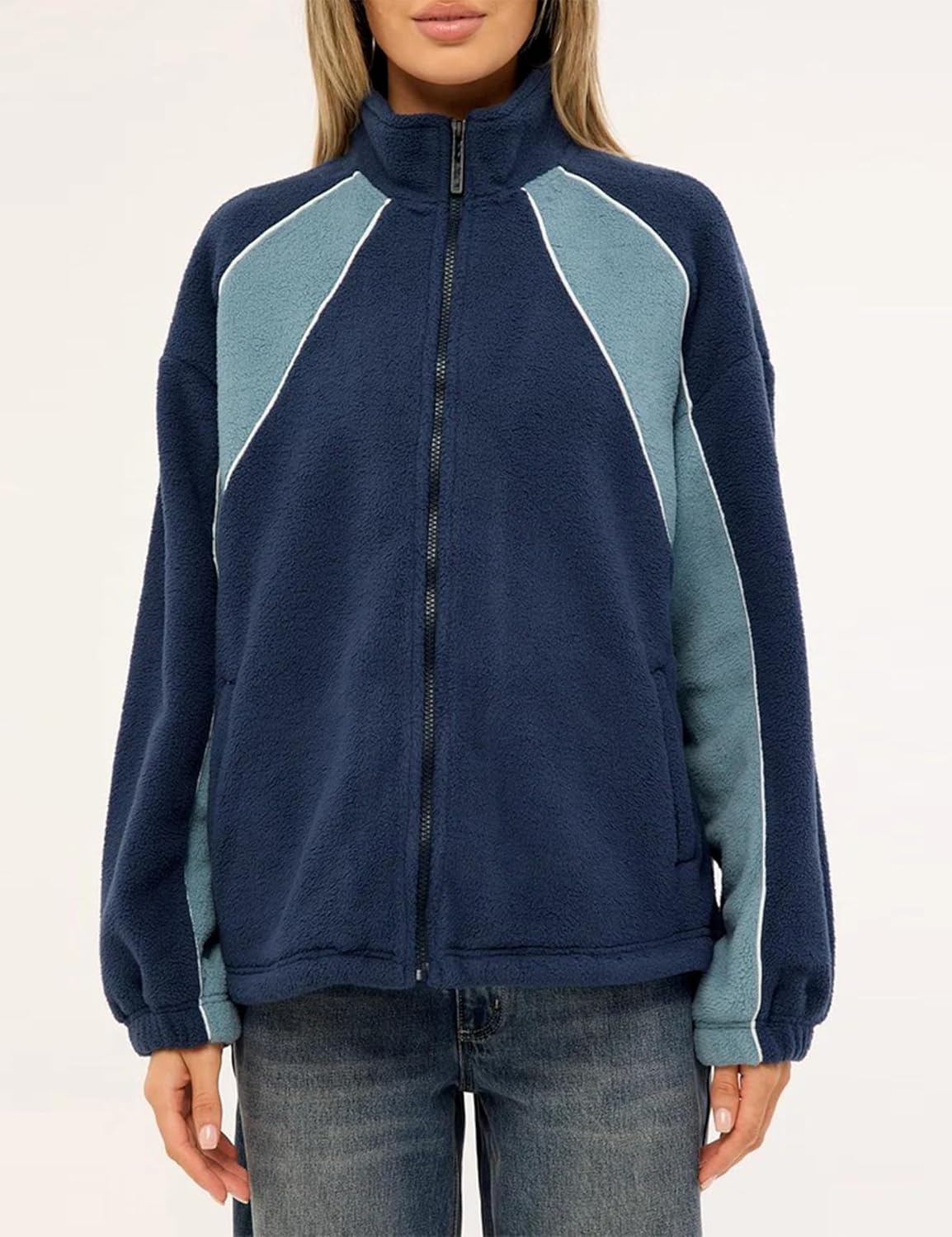 image:imageWomens Color Block Fleece Jacket Stand Collar Zip Up Track CoatDarkblue