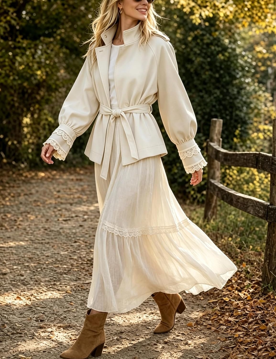 image:imageWomens Cropped Trench Coat Casual Jacket Lace Cuff Belted WaistBeige