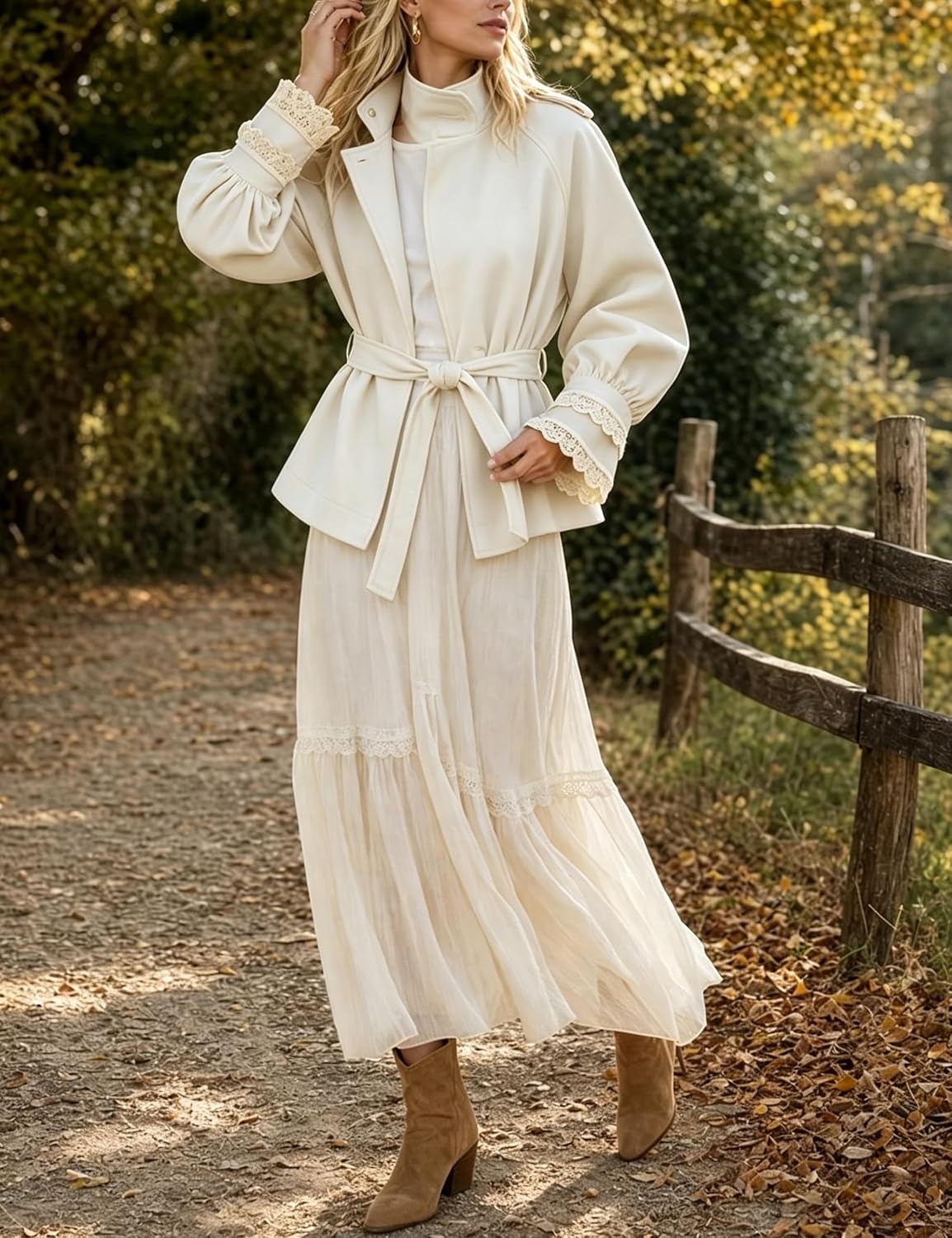 image:imageWomens Cropped Trench Coat Casual Jacket Lace Cuff Belted WaistBeige