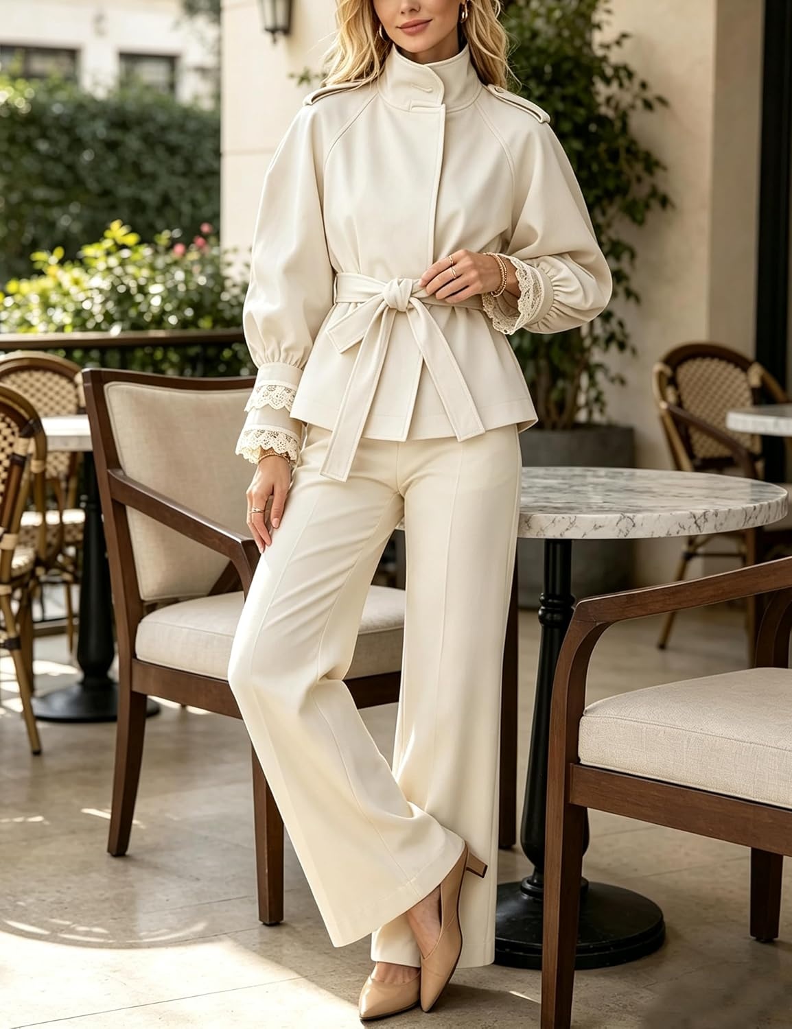 image:imageWomens Cropped Trench Coat Casual Jacket Lace Cuff Belted WaistBeige