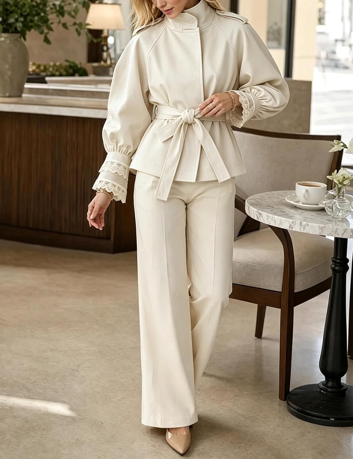 image:imageWomens Cropped Trench Coat Casual Jacket Lace Cuff Belted WaistBeige