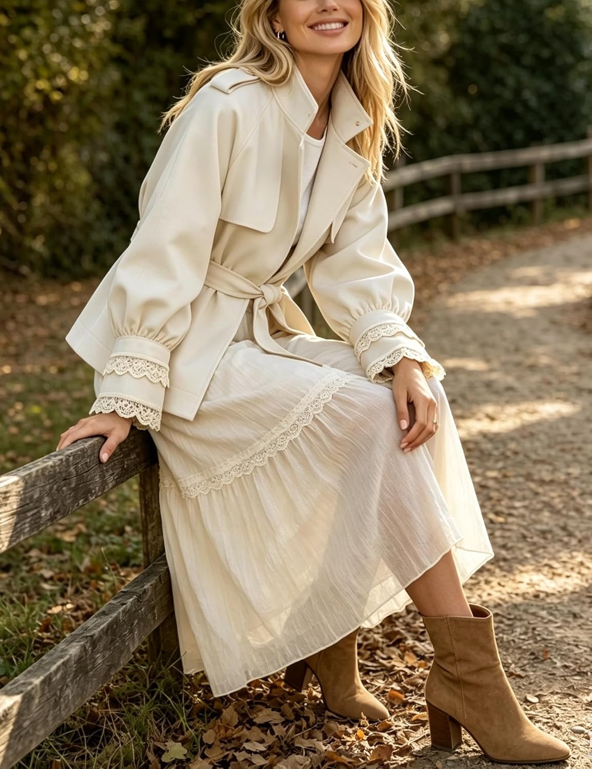 image:imageWomens Cropped Trench Coat Casual Jacket Lace Cuff Belted WaistBeige