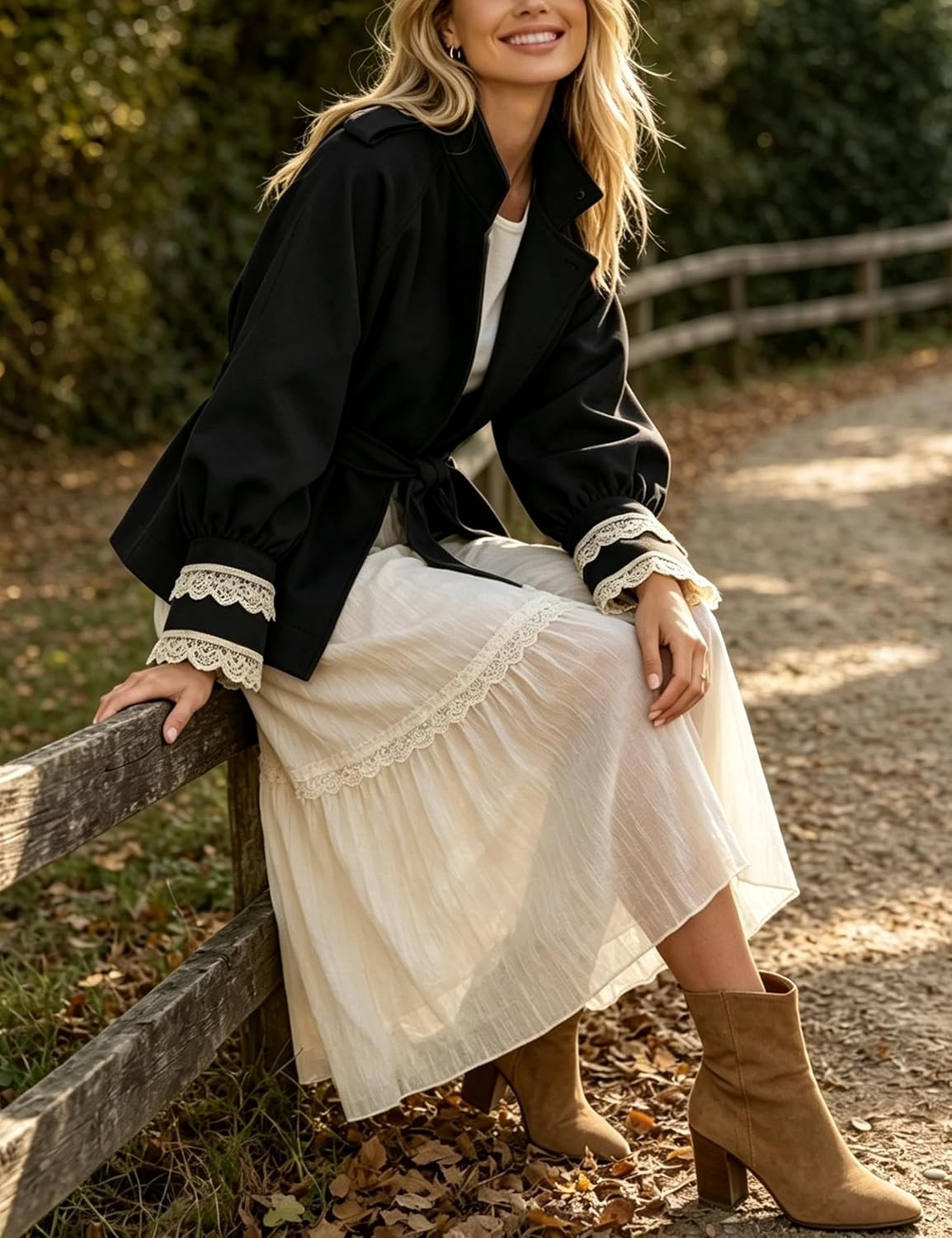 image:imageWomens Cropped Trench Coat Casual Jacket Lace Cuff Belted WaistBlack